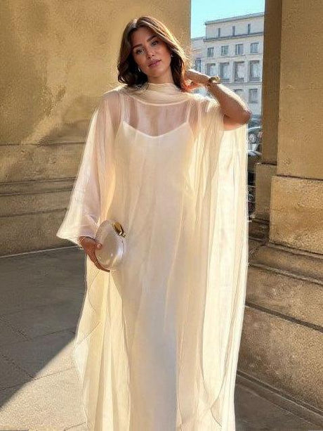 Aurohaya Elegant Sheer Cape Layered Maxi Dress