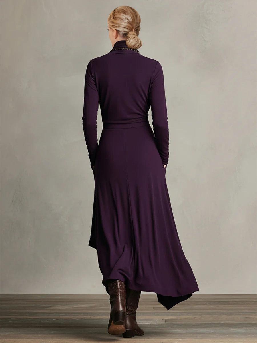 Aurohaya Elegant High-Neck Draped Asymmetrical Maxi Dress
