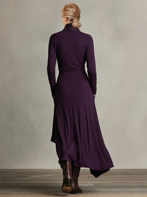 Aurohaya Elegant High-Neck Draped Asymmetrical Maxi Dress