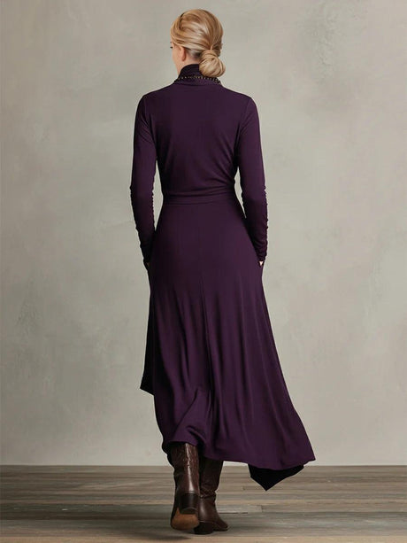 Aurohaya Elegant High-Neck Draped Asymmetrical Maxi Dress