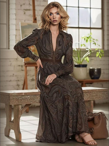 Aurohaya Retro Paisley Print Zipper Maxi Dress