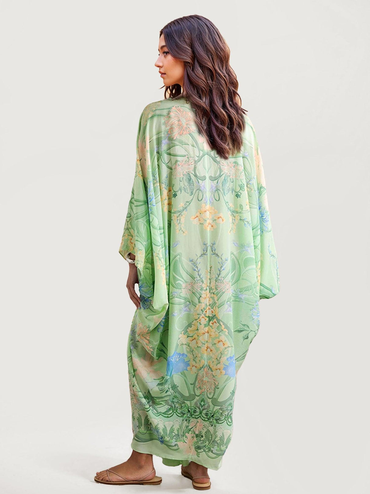 Aurohaya Unique Floral Print V Neck Oversized Midi Dress