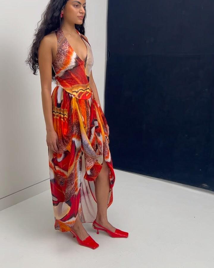 Aurohaya Unique Abstract Oil Painting Print Halter Neck Maxi Dress