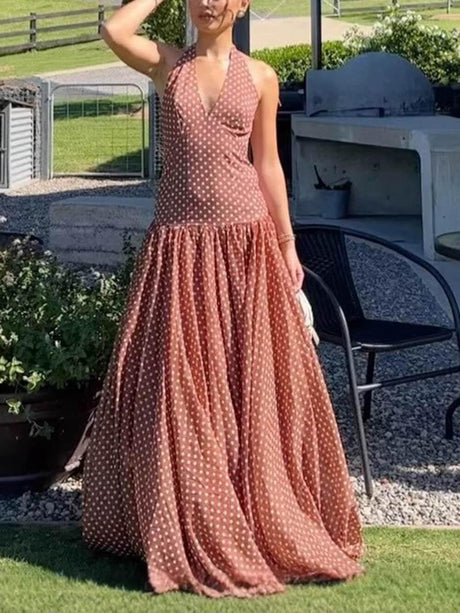 Aurohaya Chic Polka Dot Print V-Neck Halter Tie-Neck Maxi Dress