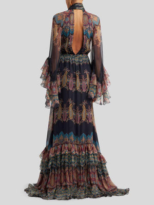 Aurohaya Elegant Retro Paisley Print Ruffle Tiered Maxi Dress