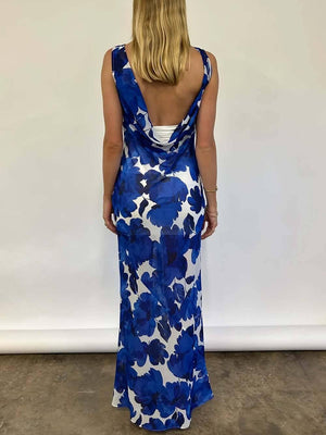 Aurohaya Elegant Floral Print Tie-Back Draped Open-Back Maxi Dress