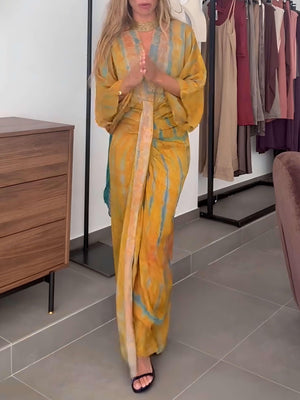 Aurohaya Casual Bohemian Kimono-Inspired Tie-Dye Waisted Maxi Dress