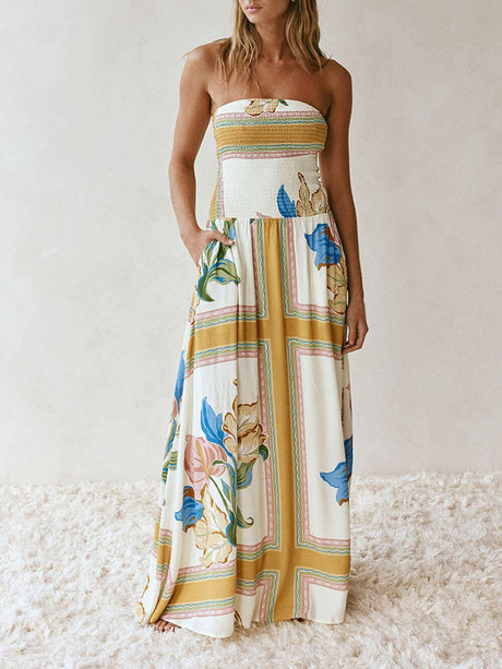 Aurohaya Elegant Off-Shoulder Printed Ruched A-Line With Pockets Maxi Dress Yellow