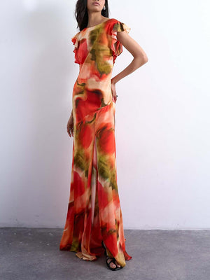 Aurohaya Unique Abstract Floral Print Draped Back Flowing Sleeves Maxi Dress Multicolor