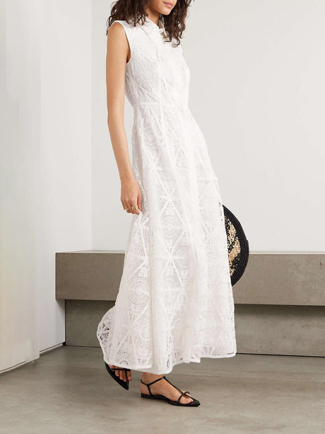 Aurohaya Exquisite Guipure Raised Floral Lace Maxi Shirt Dress Off-white