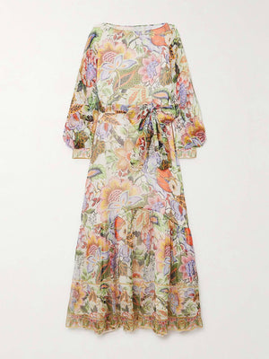 Aurohaya Exquisite Belted Floral-Print Chiffon Crepon Maxi Dress