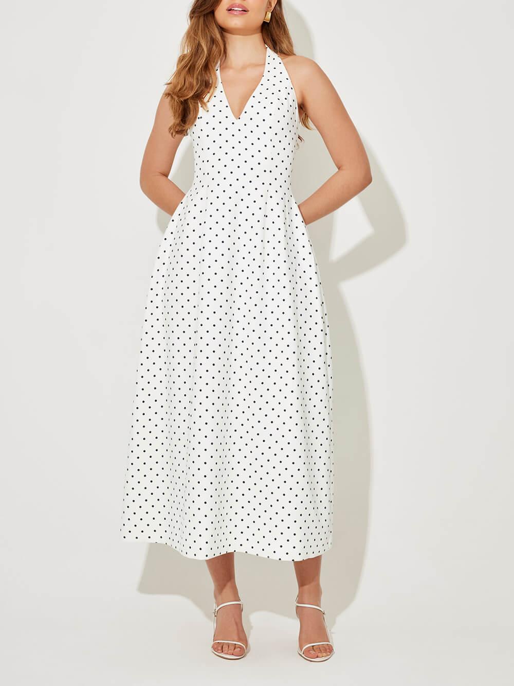Aurohaya Classic Polka Dot Print Backless Tie Midi Dress