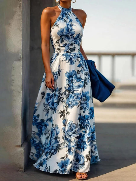 Aurohaya Elegant Floral Print Halter Neck Holiday Style Slim Maxi Dress Blue