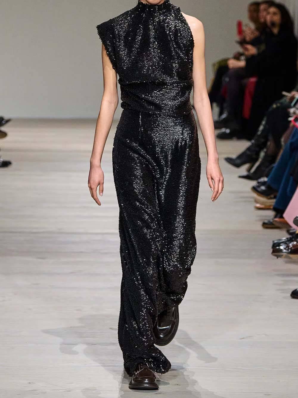 Aurohaya Sequined Draped Asymmetric Crepe Gown Maxi Dress