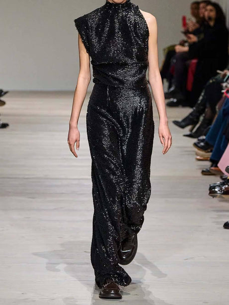 Aurohaya Sequined Draped Asymmetric Crepe Gown Maxi Dress