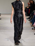 Sequined Draped Asymmetric Crepe Gown Maxi Dress