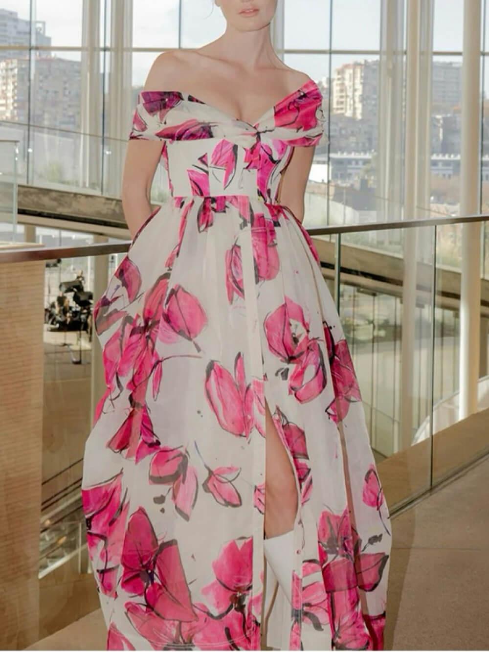 Aurohaya Delicate Playful Floral Print Cinched Waist Maxi Dress