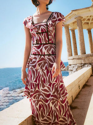 Aurohaya Retro Unique Layered Print Contrast Ruffle Trim Maxi Dress