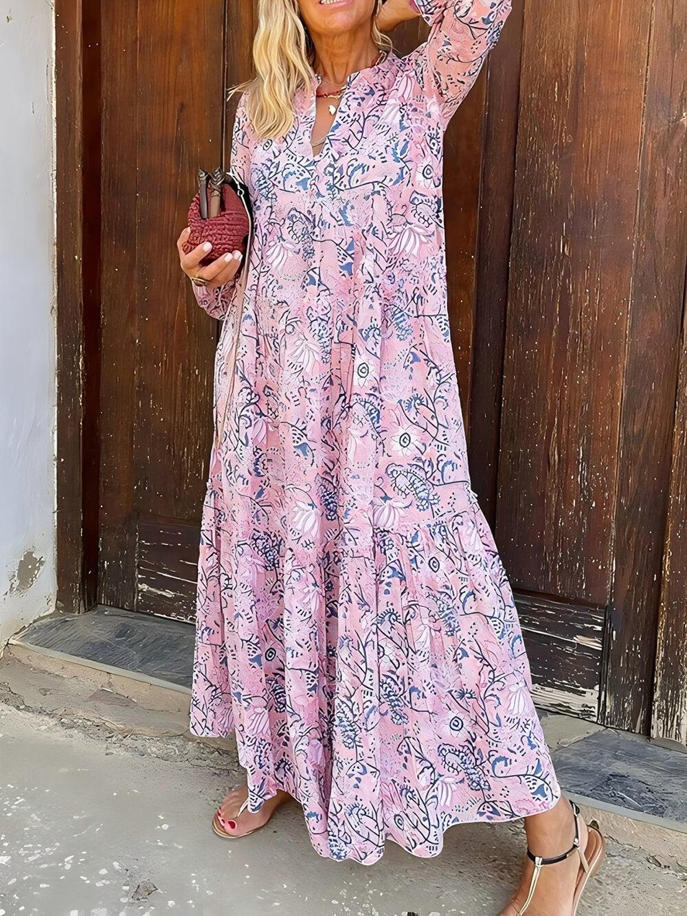 Aurohaya Fashionable Floral Print Loose V-Neck Holiday Maxi Dress