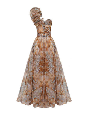 Aurohaya Elegant Romantic Ball Chiffon Floral One-shoulder Pleated Design Back Lace-up Gown Maxi Dress