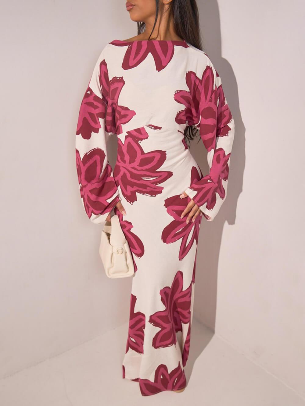 Aurohaya Elegant Floral Print Waist-Defined Maxi Dress