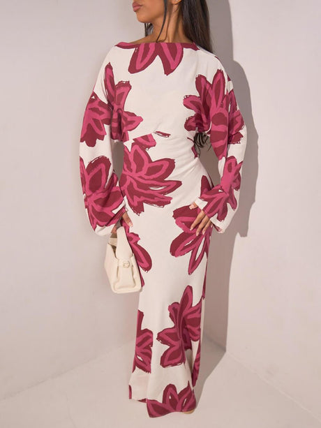 Aurohaya Elegant Floral Print Waist-Defined Maxi Dress