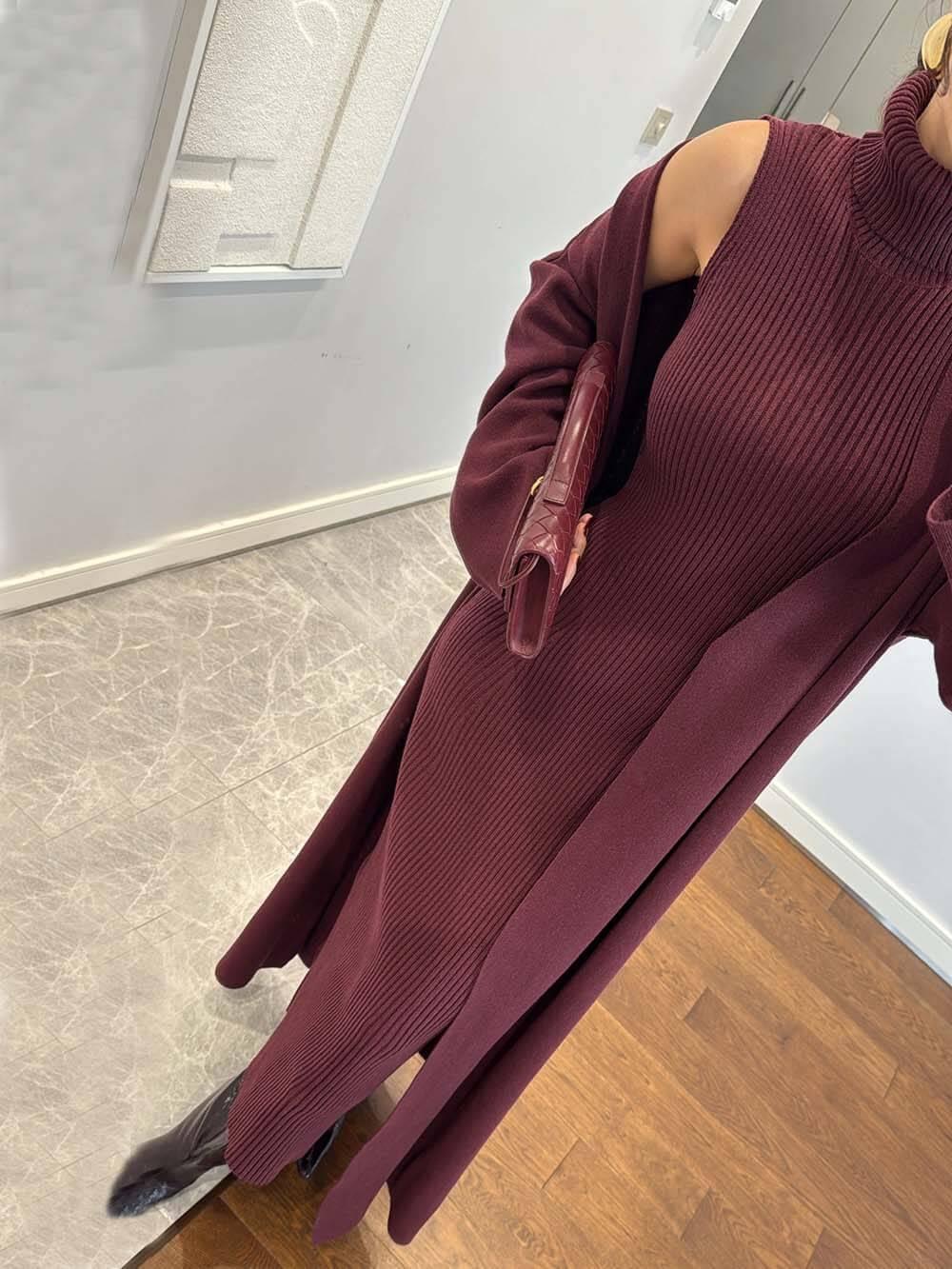 Aurohaya Elegant High-Neck Ribbed Knit Sleeveless Maxi Dress