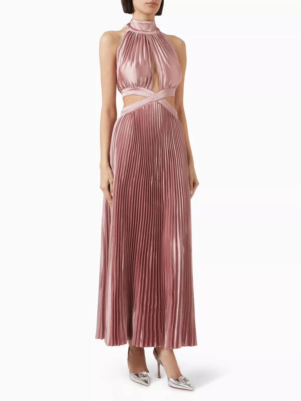 Aurohaya Elegant High-neck Halterneck Satin Pleated Maxi Dress