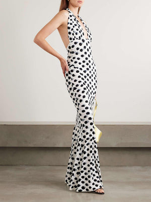 Aurohaya Elegant Cutout Polka Dot Print Stretch Halter Maxi Dress