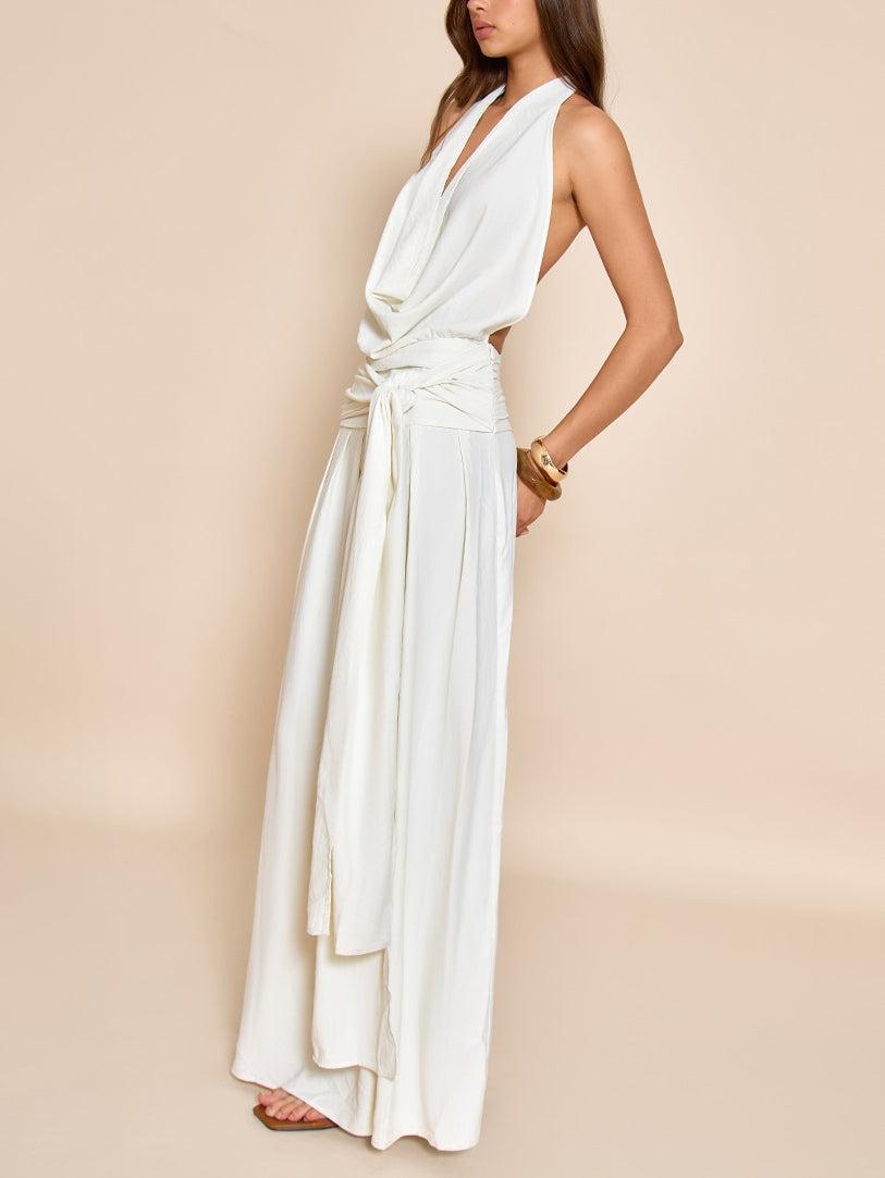 Aurohaya Elegant Scarf Neck Low Back Maxi Dress