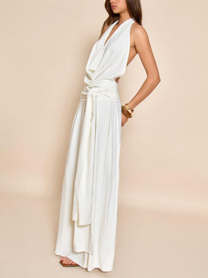 Aurohaya Elegant Scarf Neck Low Back Maxi Dress
