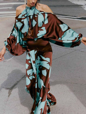 Aurohaya Elegant Cold Shoulder Abstract Print Maxi Dress