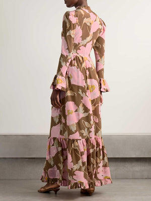 Aurohaya Retro Tiered Ruffled Floral Print Maxi Dress