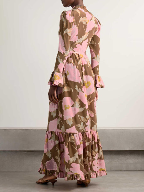 Aurohaya Retro Tiered Ruffled Floral Print Maxi Dress