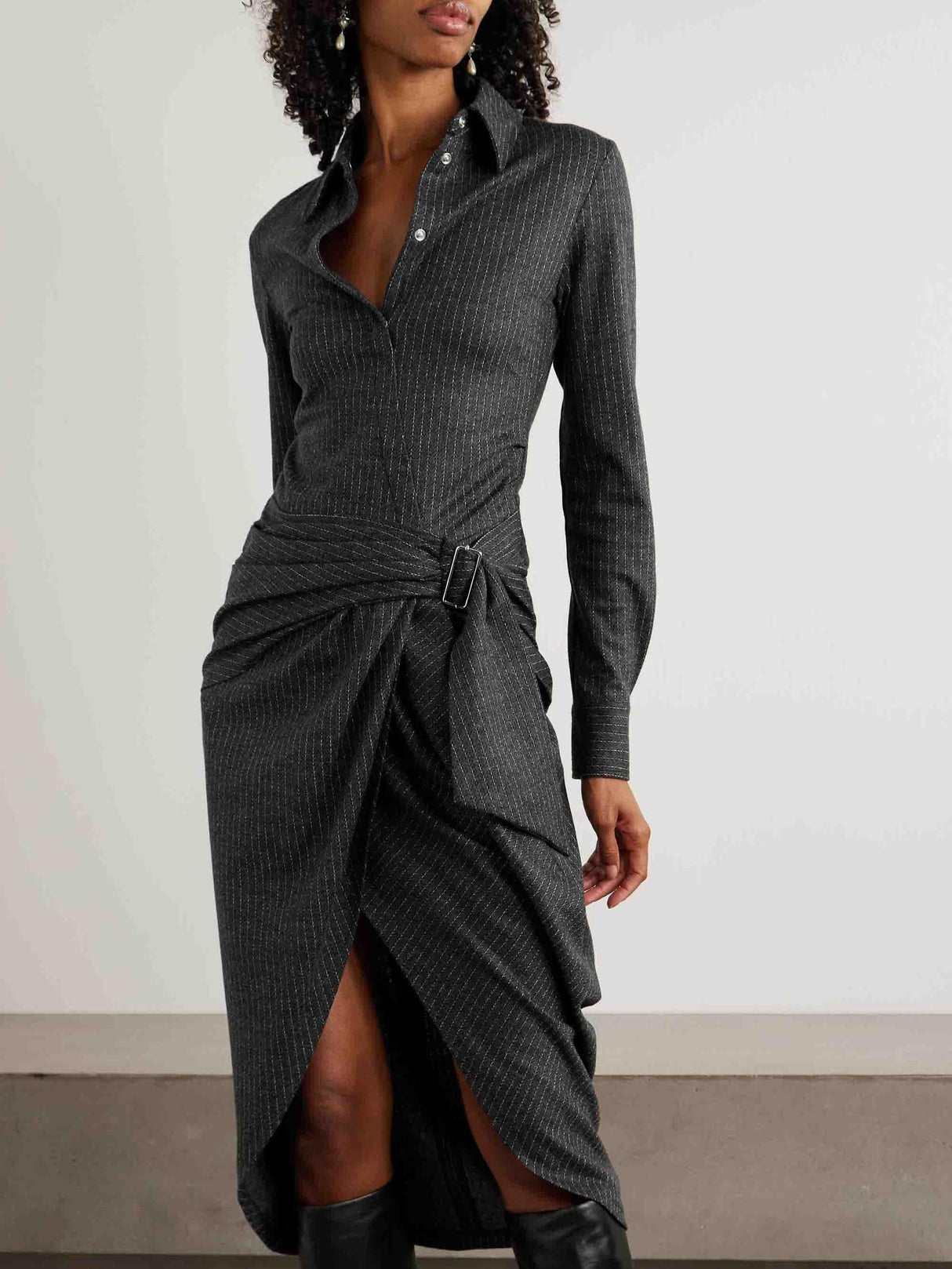 Aurohaya Exquisite Draped Pinstripe Wrap Midi Shirt Dress
