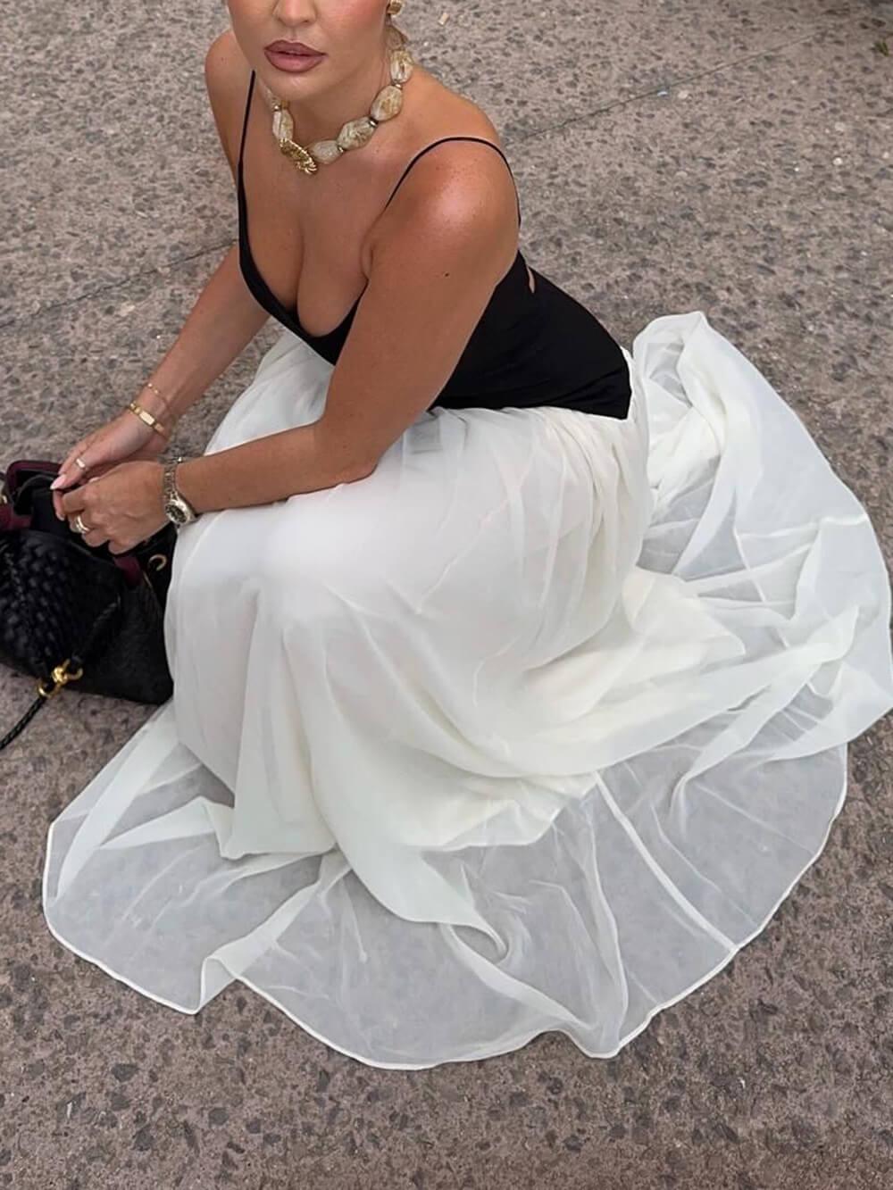 Aurohaya Elegant Color-Block Spaghetti Strap Backless Maxi Dress