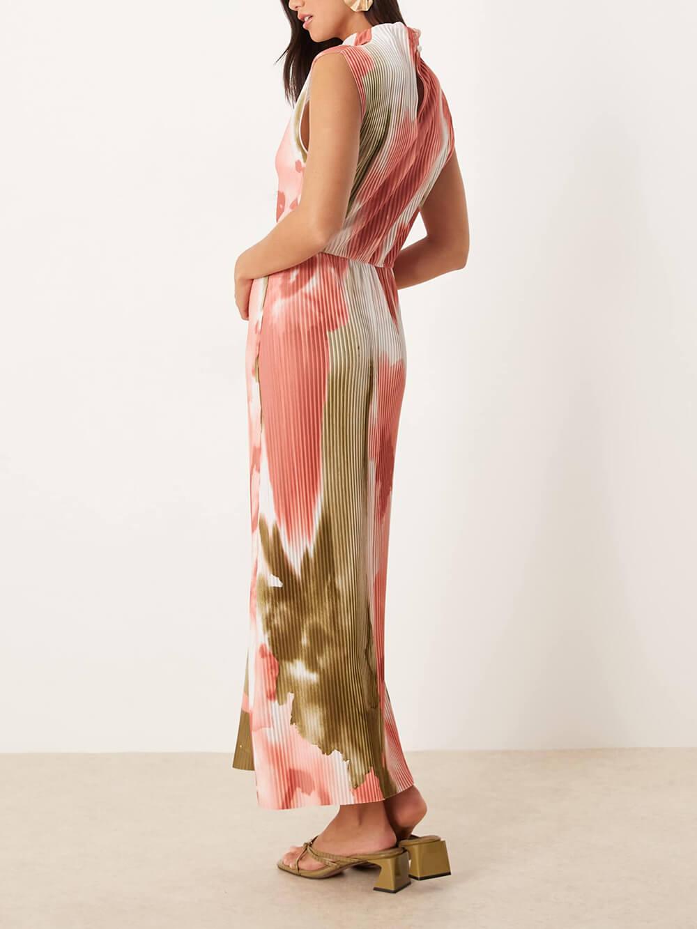 Aurohaya Elegant Floral Print Ruched High-Twist Neck Midi Dress