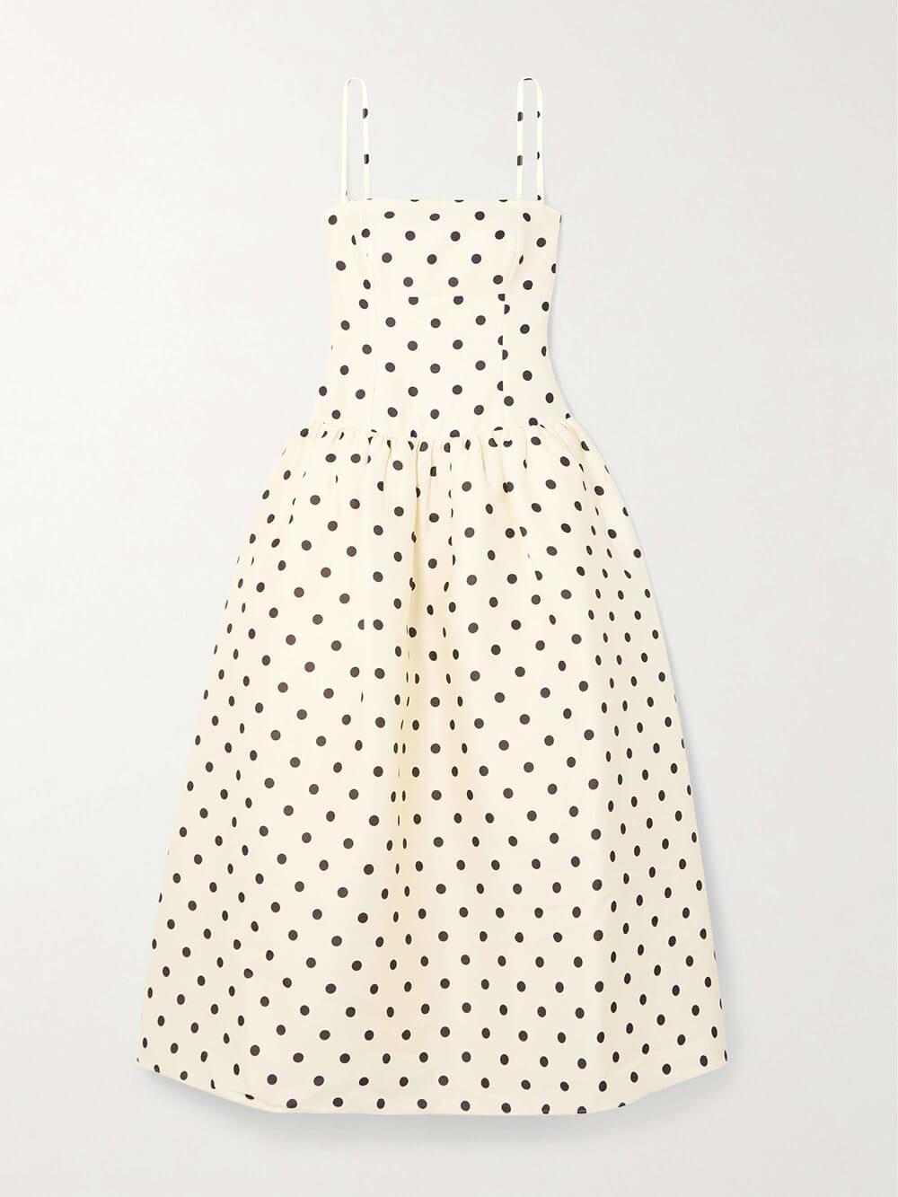 Aurohaya Classic Polka-Dot Print Satin Midi Dress