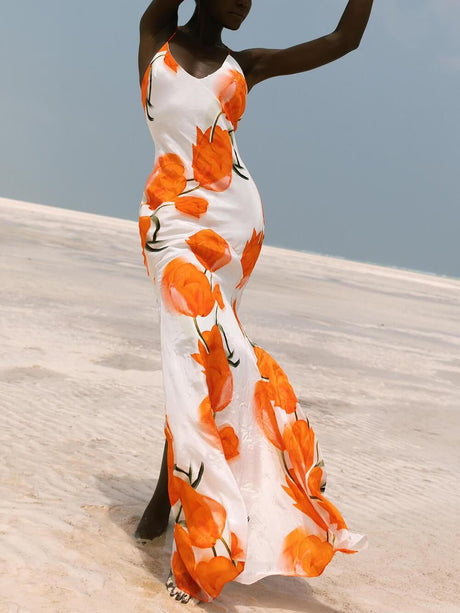 Aurohaya Exquisite Satin Open Back Floral Print Maxi Dress