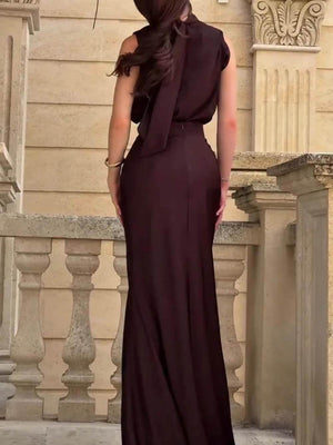 Aurohaya Exquisite Chocolate Brown High-neck Sleeveless Maxi Dress