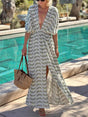 Aurohaya Unique Ruched Print With Drop Shoulders Side Slit Maxi Dress Gray