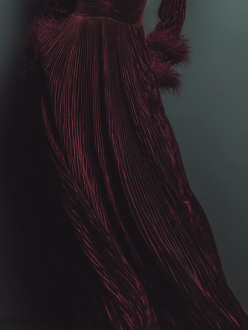 Aurohaya Classic Pleated Suede Deep V-Neck Feather Panel Maxi Dress