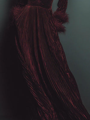 Aurohaya Classic Pleated Suede Deep V-Neck Feather Panel Maxi Dress