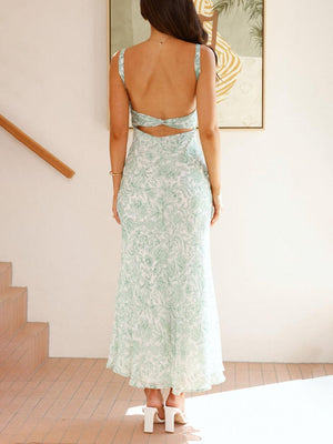 Aurohaya Sophisticated Floral Print Open Back Pleated Midi Dress