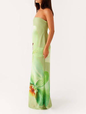 Aurohaya Elegant Satin Unique Floral Print Off Shoulder Maxi Dress