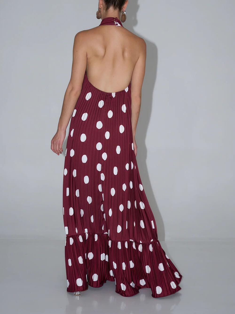 Aurohaya Elegant Polka Dot Backless Halter Evening Gown Maxi Dress