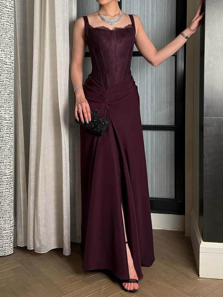 Aurohaya Elegant Lace With Side Slit Evening Gown Maxi Dress