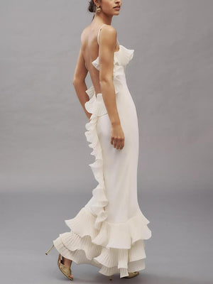 Aurohaya Elegant Pleated Chiffon Ruffle Trim Spaghetti Strap Maxi Dress