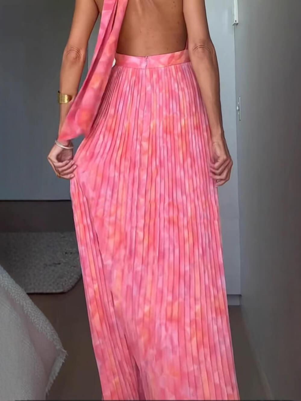 Aurohaya Elegant Halter V Neck Open Back Print Pleated Maxi Dress