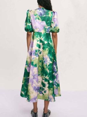 Aurohaya Retro Tie-Dye Puff Sleeve A-Line Maxi Dress
